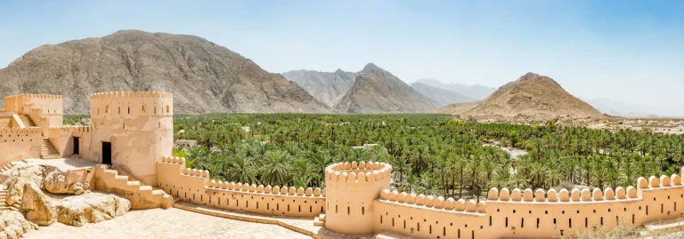 Panoramic view of Nakhal in the Al Batinah Region of Oman. It is located about 120 km to the west of Muscat, the capital of Oman. It is known as the town of oasis.